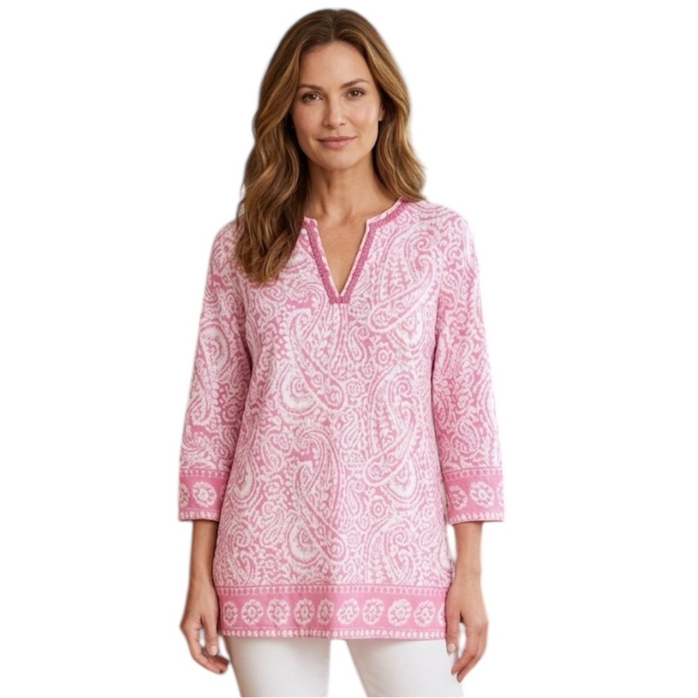 Brooks Brothers 346 Pink Paisley V-Neck Tunic Top, Medium, 3/4 Sleeves, Cotton
T
